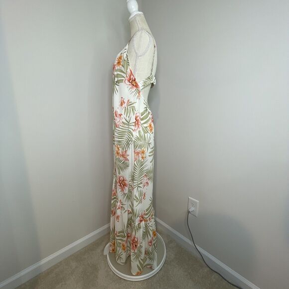 Vestique Floral Full Button Thigh Slit V Neck Maxi Dress Tropical Boho Womens L - Picture 4 of 10